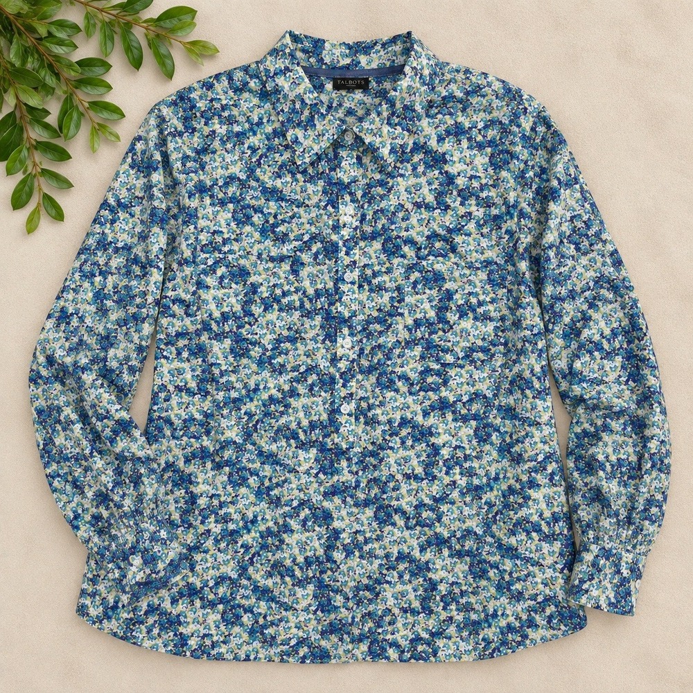 Talbots Blouse Blue Green Floral Cotton Button Down Long Sleeve Top 20W
